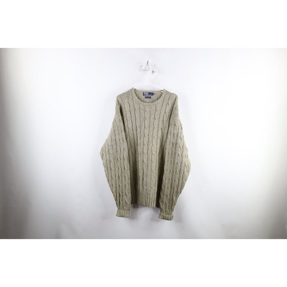 Vintage 90s Ralph Lauren Mens XL Faded Chunky Cotton Cable Knit Sweater Green